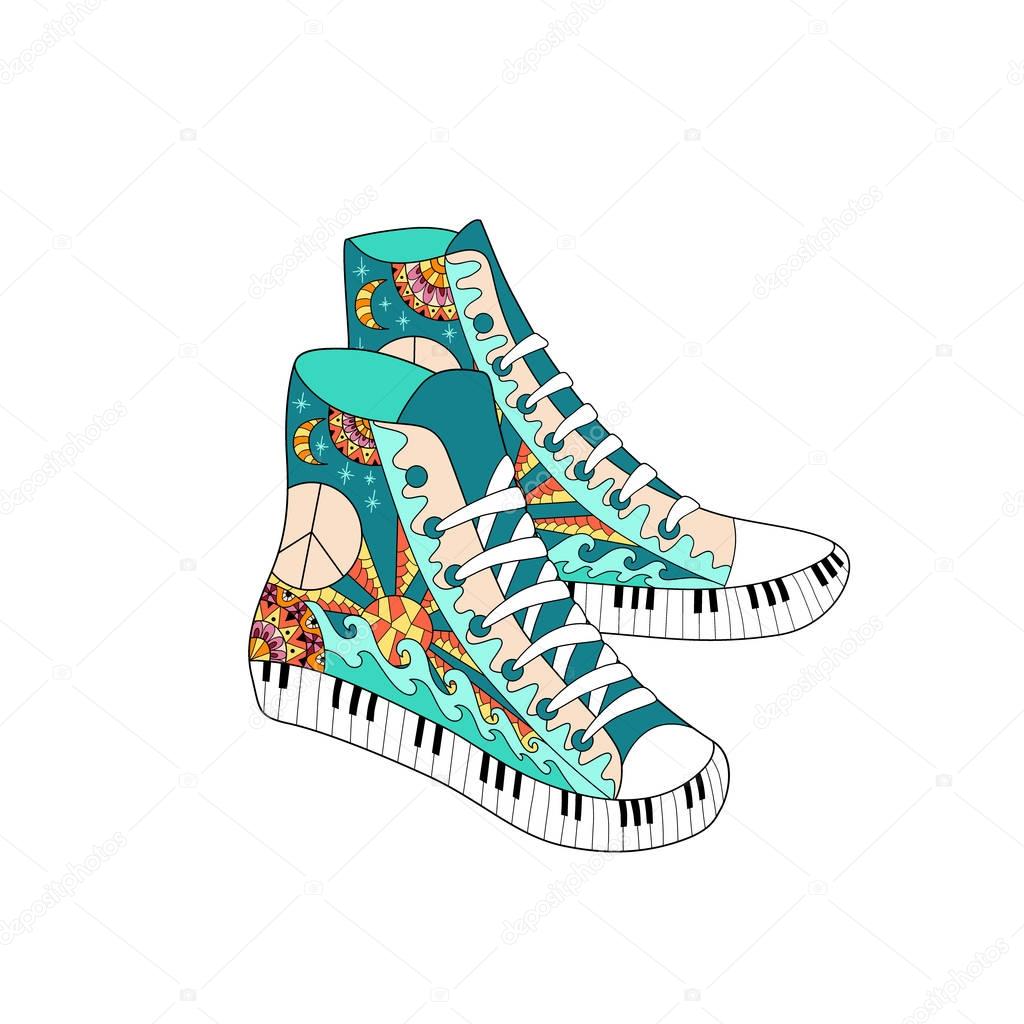 Colorful hippie hight sneakers in zentangle style. Hippie fashion.