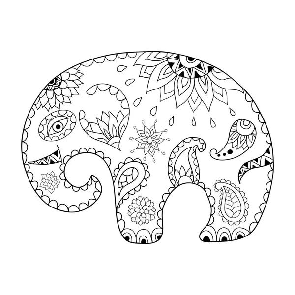 Hand drawn cartoon elephant for adult anti stress colouring page. Pattern for coloring book. — Stock Vector