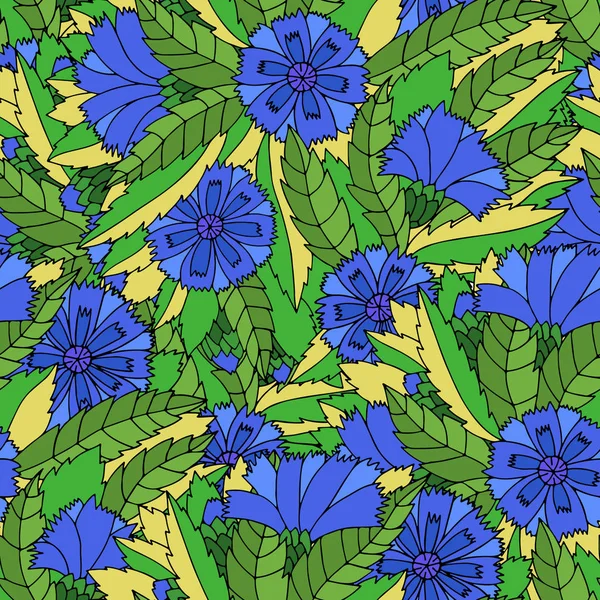 Modèle sans couture coloré avec des bleuets et des feuilles dans le style tzigane . — Image vectorielle