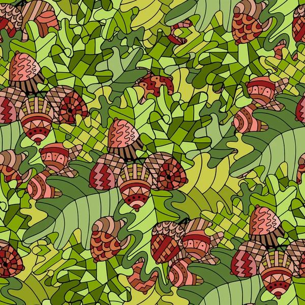 Buntes, nahtloses Muster mit Eichenzweigen, Blättern und Eicheln im Zigeunerstil. — Stockvektor