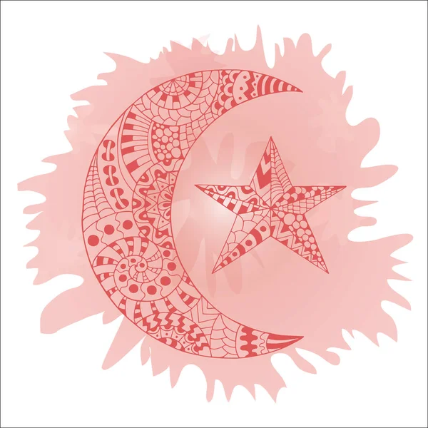 Luna nuova disegnata a mano e stella per la colorazione anti stress pagina. Modello per libro da colorare. Realizzato per traccia da schizzo. Illustrazione in stile zentangle. Variante colorata. Modello etnico . — Vettoriale Stock