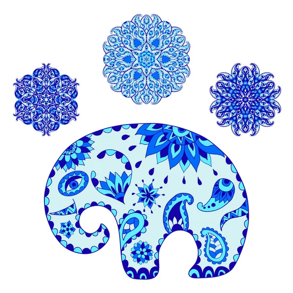 Stylized baby cartoon elephant and mandalas in gzhel style. — Stock Vector