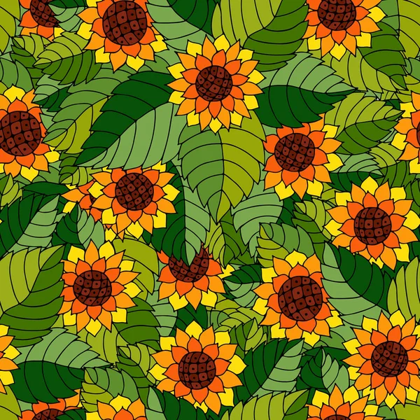 Buntes, nahtloses Muster mit Sonnenblumen und Blättern im Zigeunerstil. — Stockvektor