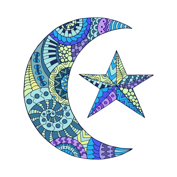 Hand drawn new moon and star for anti stress colouring page. Pattern for coloring book. Made by trace from sketch. Illustration in zentangle style. Colorful variant. Ethnic pattern. — Stock Vector