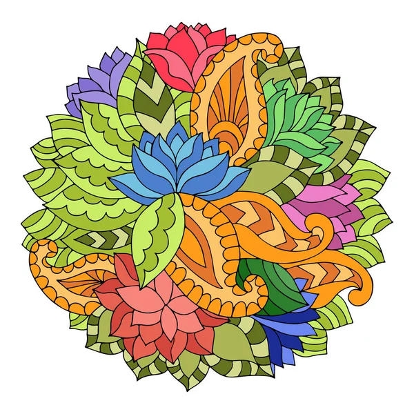 Colorful circle floral ornament with lotuses, paisleys and leaves in gypsy style. — Stock Vector