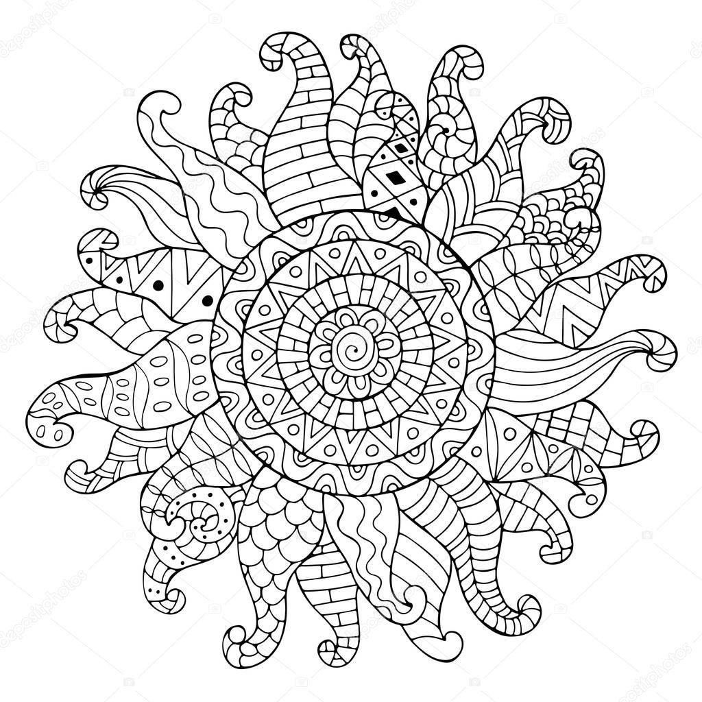 Hand drawn sun for anti stress colouring page. Pattern for coloring book. Made by trace from sketch. Illustration in zentangle style. Monochrome variant. Ethnic pattern.