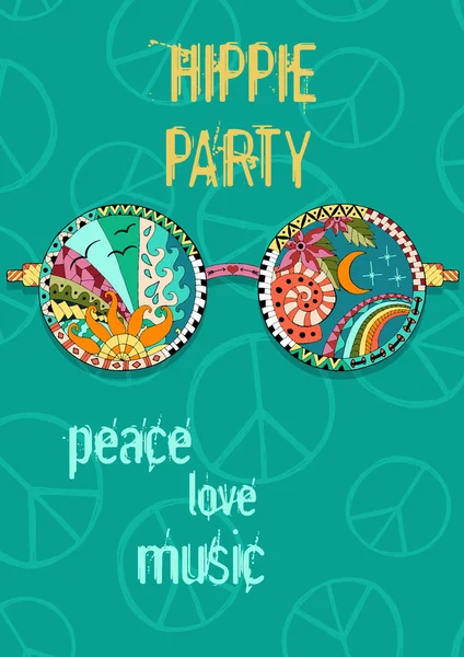 Hippie-Party-Plakat. Hippie-Hintergrund mit Sonnenbrille. — Stockvektor