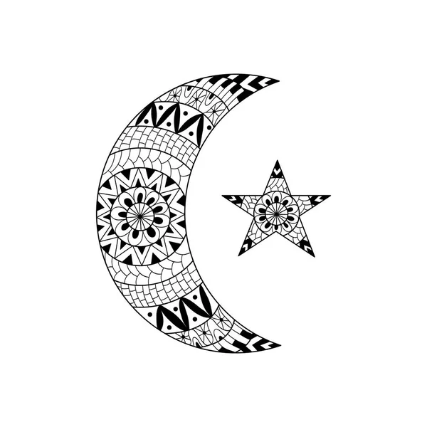 Luna nueva dibujada a mano y estrella para colorear página anti estrés . — Archivo Imágenes Vectoriales