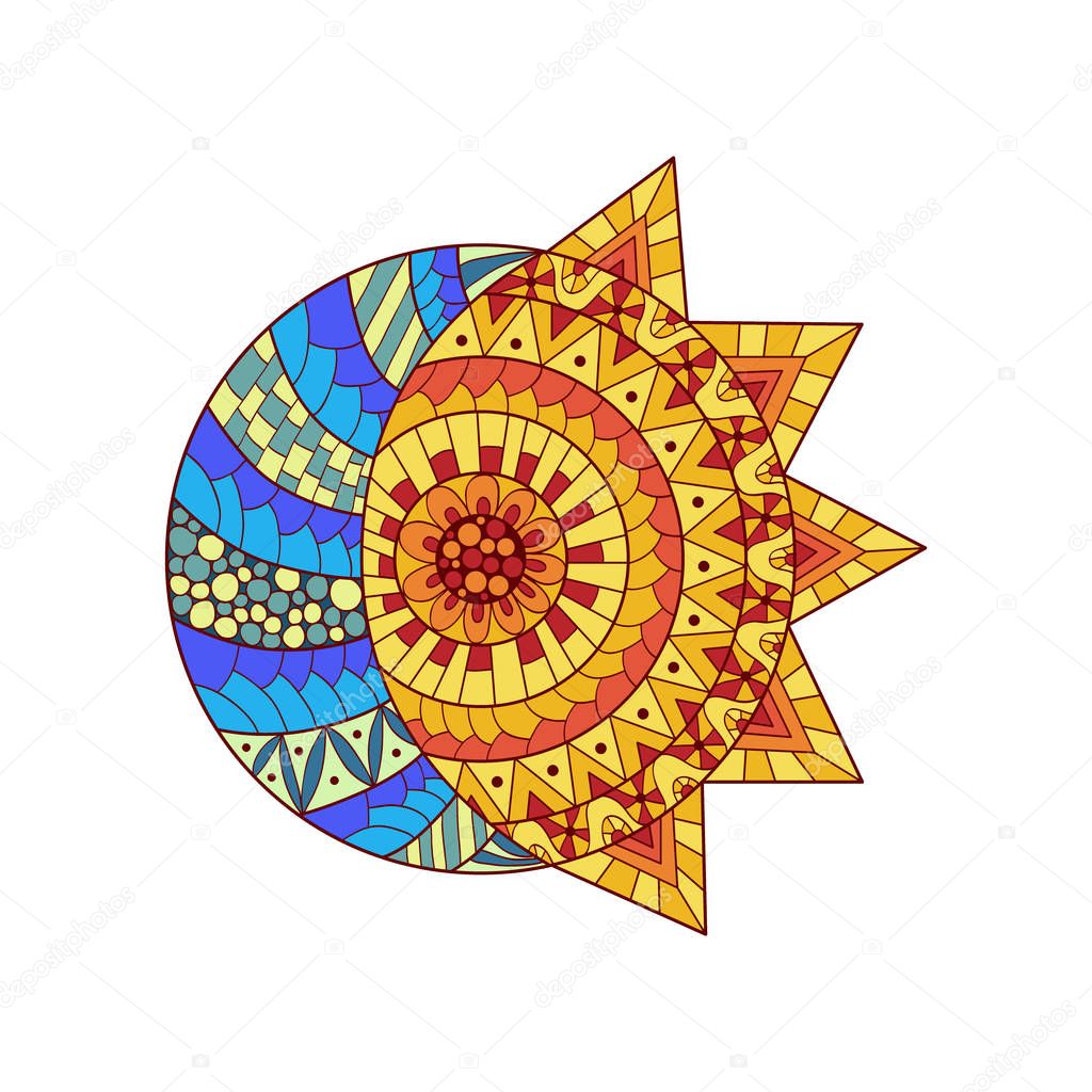 Hand drawn sun, new moon and star for anti stress colouring page. Pattern for coloring book.  Illustration in zentangle style. Colorful variant. Ethnic background.