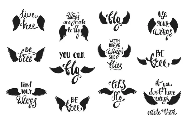 Vector set of hand drawn calligraphy phrases with flying birds, angel