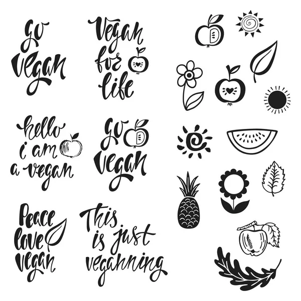 Vegan. Conjunto vetorial de frases com letras desenhadas à mão, design de alimentos . —  Vetores de Stock