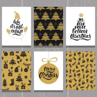 Yılbaşı tebrik kartları kümesi. Xmas kartpostal Dikişsiz desen ve tipografi tasarımı ile. Siyah ve altın şablonları tatil