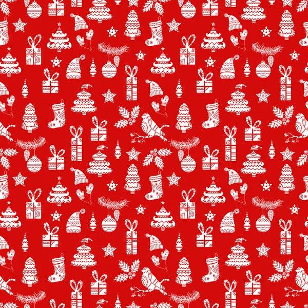 Fondo de Navidad con toro ornamental, regalo, calcetín, mitones, sombrero, acebo, árbol, rama, cono, bola, juguete. Patrón de vacaciones monocromo sin costura . — Vector de stock