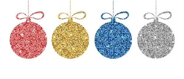 Ensemble de boules de Noël rouges, dorées, bleues et argentées. Sphère scintillante à effet métallique. Modèle décoratif étincelant. Design de vacances . — Image vectorielle