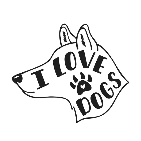 Я люблю собак. Рукописна надихаюча цитата про собаку. Проектування друкарських машин. Чорно-біла Векторна ілюстрація EPS 10 — стоковий вектор