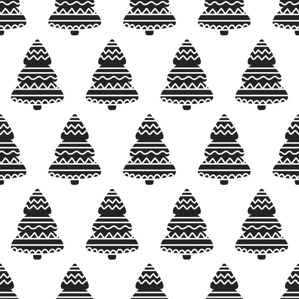 Fondo navideño con árboles ornamentales. Patrón de vacaciones monocromo sin costura . — Vector de stock