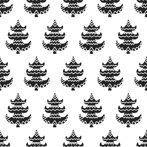 Fondo navideño con árboles ornamentales. Patrón de vacaciones monocromo sin costura . — Vector de stock