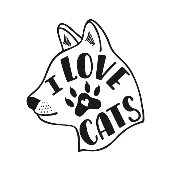 Ik hou van katten. Handgeschreven inspirerende citaat over de kat. Typografie belettering design. Zwart-wit vectorillustratie EPS-10 — Stockvector
