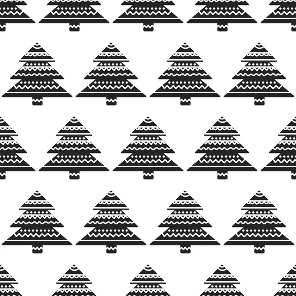 Fondo navideño con árboles ornamentales. Patrón de vacaciones monocromo sin costura . — Vector de stock