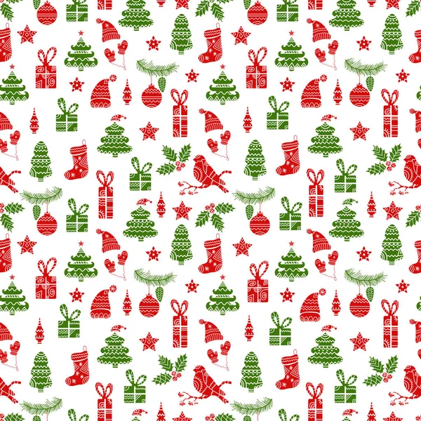 Sfondo natalizio con bullfinch ornamentale, regalo, calzino, guanti, cappello, agrifoglio, albero, ramo, cono, palla, giocattolo. Vacanza modello colorato senza soluzione di continuità . — Vettoriale Stock