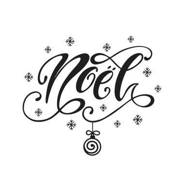Noel. Elle çizilmiş hat metin. Tatil tipografi tasarımı. Siyah ve beyaz Noel tebrik kartı.