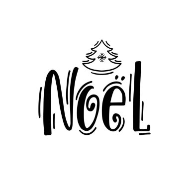 Noel. Elle çizilmiş hat metin. Tatil tipografi tasarımı. Siyah ve beyaz Noel tebrik kartı ile Noel ağacı.
