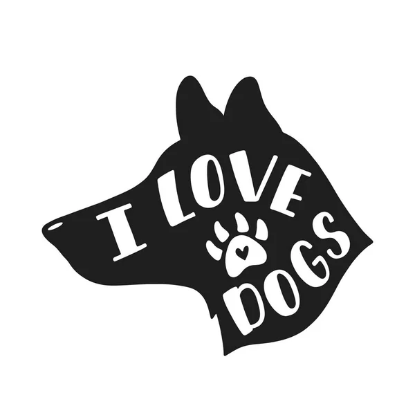 Ik hou van honden. Handgeschreven inspirerende citaat over hond. Typografie belettering design. Zwart-wit vectorillustratie EPS-10 — Stockvector