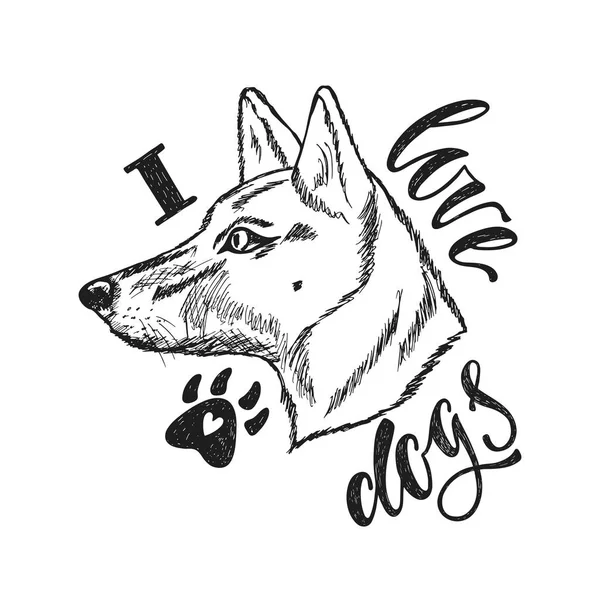 J'adore les chiens. Expression manuscrite avec chien monochrome dessiné à la main dans le style de croquis. Conception typographique. Illustration vectorielle SPE 10 — Image vectorielle