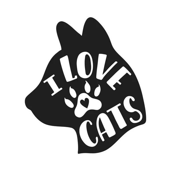 Ik hou van katten. Handgeschreven inspirerende citaat over de kat. Typografie belettering design. Zwart-wit vectorillustratie EPS-10 — Stockvector
