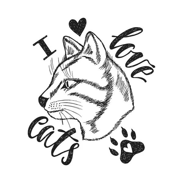 Ik hou van katten. De zin van het handschrift met de hand getekende monochroom kat in schets stijl. Typografie design. Vectorillustratie EPS-10 — Stockvector
