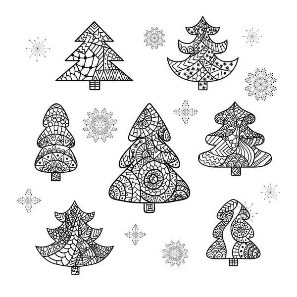Conjunto de árboles de Navidad y copos de nieve. Tarjeta de Navidad en estilo zentangle para adultos anti estrés . — Vector de stock
