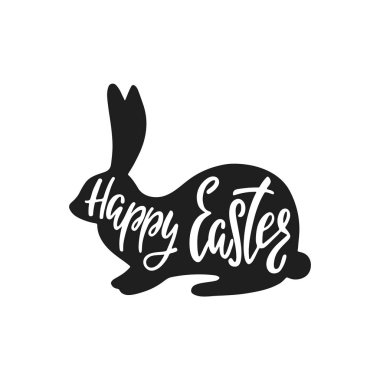Mutlu Paskalya kartpostal bunny silueti ile. El yazısı vektör metin yazı. Kaligrafi ifade. 