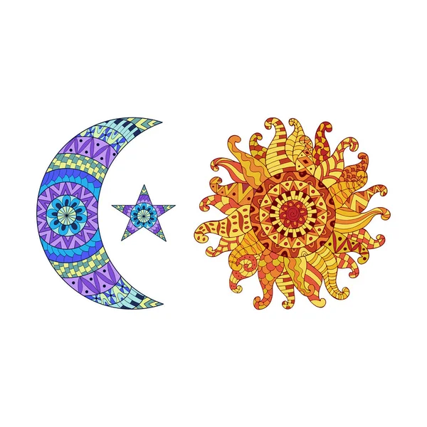 Zentangle soleil, nouvelle lune et étoiles symboles vectoriels . — Image vectorielle