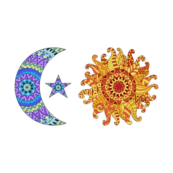 Zentangle sun, new moon ve yıldız, Semboller Vektör.