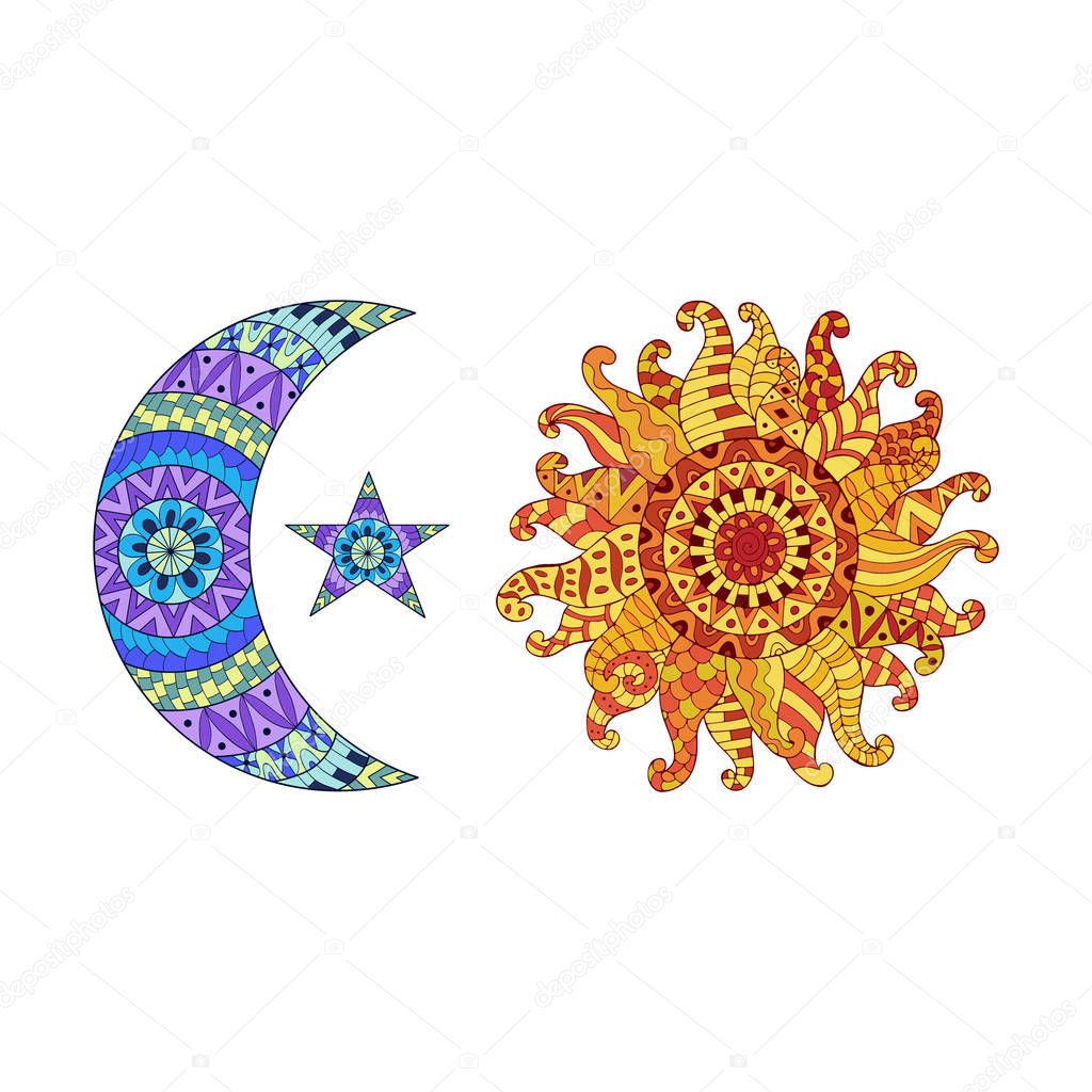 Zentangle sun, new moon and star vector symbols. Sun and moon tribal doodle ornament. Hand drawn sun and moon isolated on white. Nature sun star. Star sun and moon silhouette. Colorful ethnic pattern.