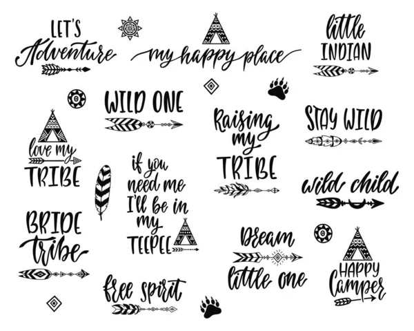 Tribal inspirational quotes bundle. Hand drawn lettering phrases in indian style about adventure, travel. — Stock Vector