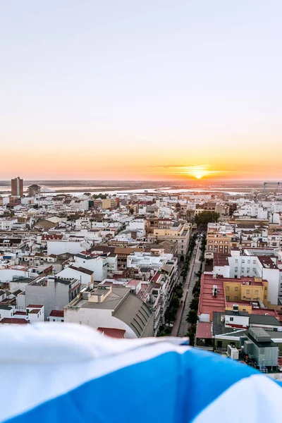 Veduta Aerea Del Tramonto Huelva Con Bandiera Bianca Blu Della — Foto Stock