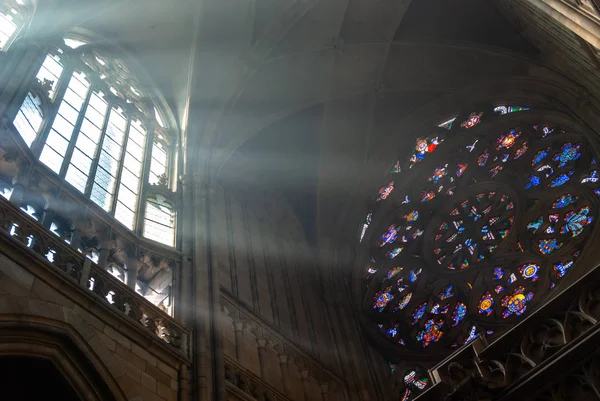 St. Vitus Katedrali 'nin görkemli sabah sisli iç kısmı. Açı, mimari. Prag Çekçe