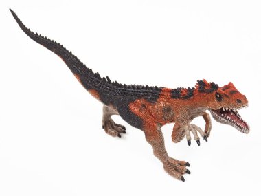 Saurophaganax dinazor plastik oyuncağı beyaz üzerine izole edilmiş.