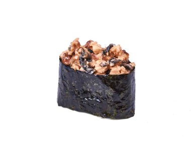 Gunkan yılan balığı ve shiitake Suşi börekleri beyaz üzerine izole edilmiş.