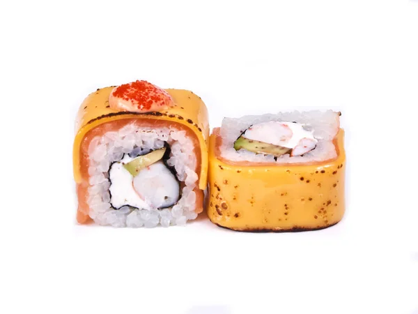 Pair Omelet Masaga Salmon Sushi Rolls Isolated White — Stock Photo, Image