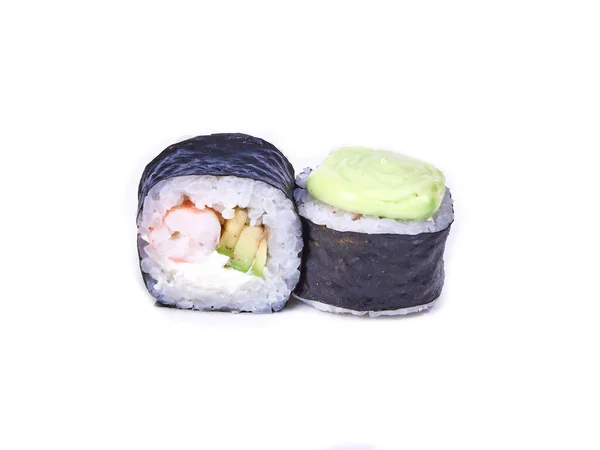 Pair Spicy Shrimp Sushi Rolls Isolated White — Stock Photo, Image