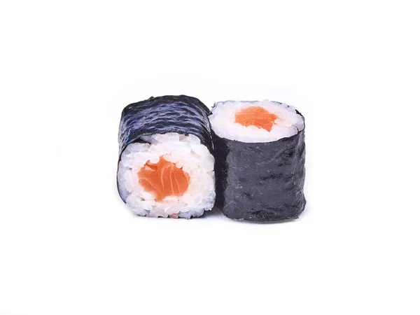 Coppia Rotoli Sushi Maki Syake Isolati Bianco — Foto Stock