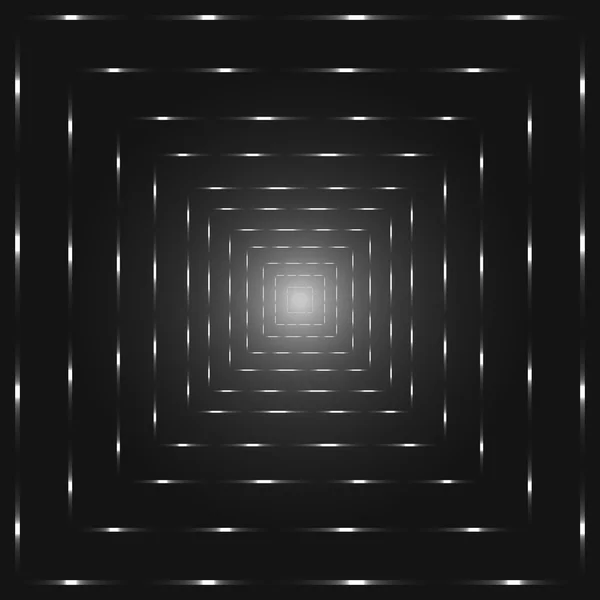 Silver perspective abstract tunnel, shades of grey punctuated square lines vector background — ストックベクタ