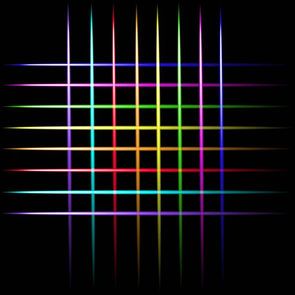 Laser beam neon crossing lines, colorful lights vector black background. — Stock Vector