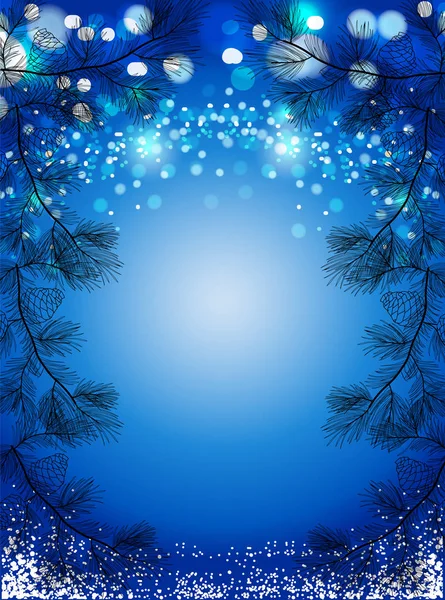 Fond bleu de Noël avec neige et épinettes de pin noir, fond vectoriel hivernal scintillant . — Image vectorielle