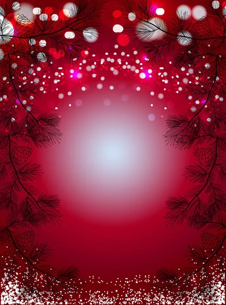 Красный Рождественский Фон Снегом Черной Сосновой Елкой Сверкающие Зимние Праздники — стоковый вектор
