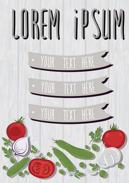 Flyer şablonu bir ahşap yüzeyde sebzeli.