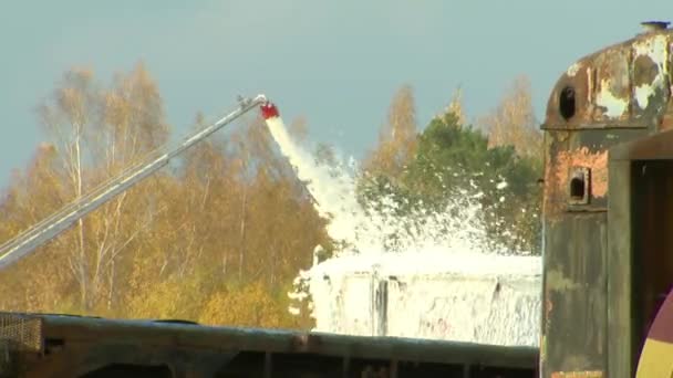 Fuel Tank Reactor Burning Firefighters Extinguishing Fire Foam Environmental Disaster — Stock Video
