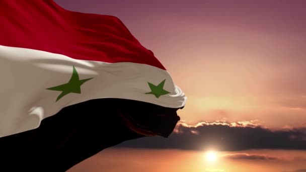 Syrische Vlag Wappert Bij Zonsondergang Boven Woestijn Het Avondlicht Een — Stockvideo